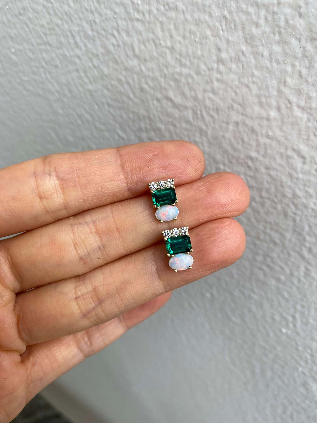 14k yellow gold custom earrings using heirloom pearls, white diamonds and color stones