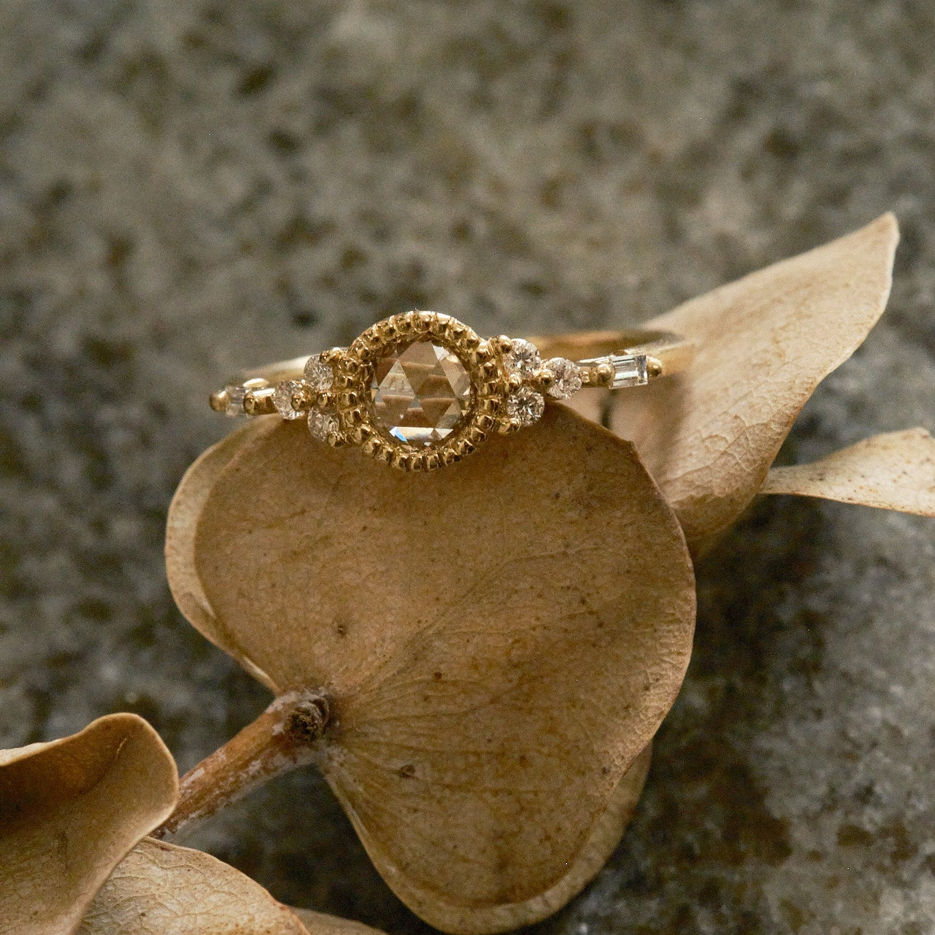 Gold ring with a diamond on a brown leaf against a textured stone background