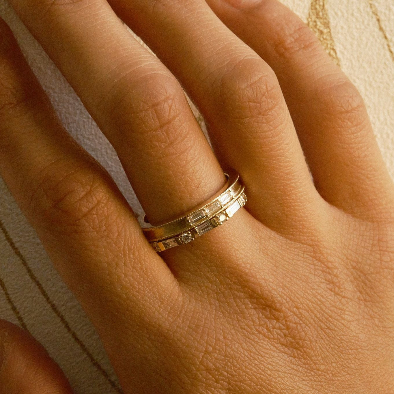 3 Diamond Baguette Milgrain Band