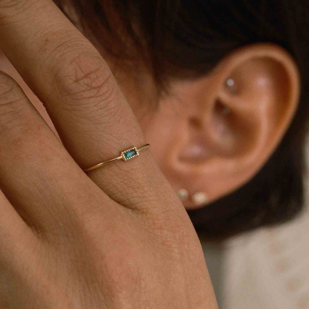 Baguette Emerald Moondrop Ring