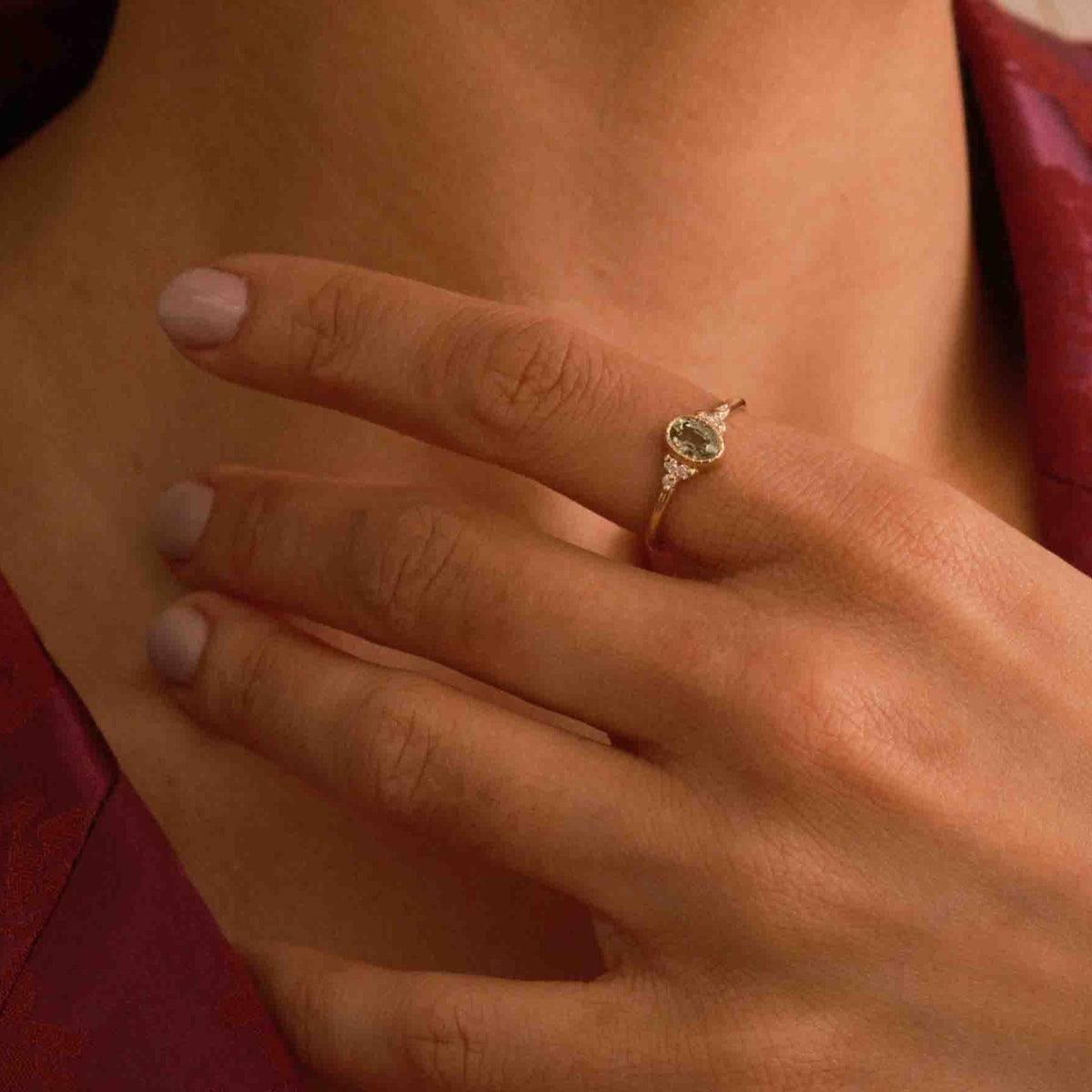 Oval Green Sapphire Cluster Ring