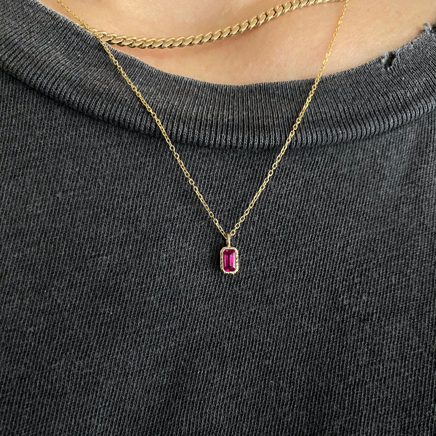 EMERALD CUT RUBY WISP NECKLACE