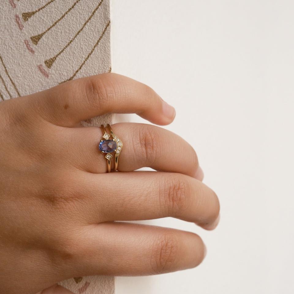 Rose Cut Oval Blue Sapphire Square Deco Ring