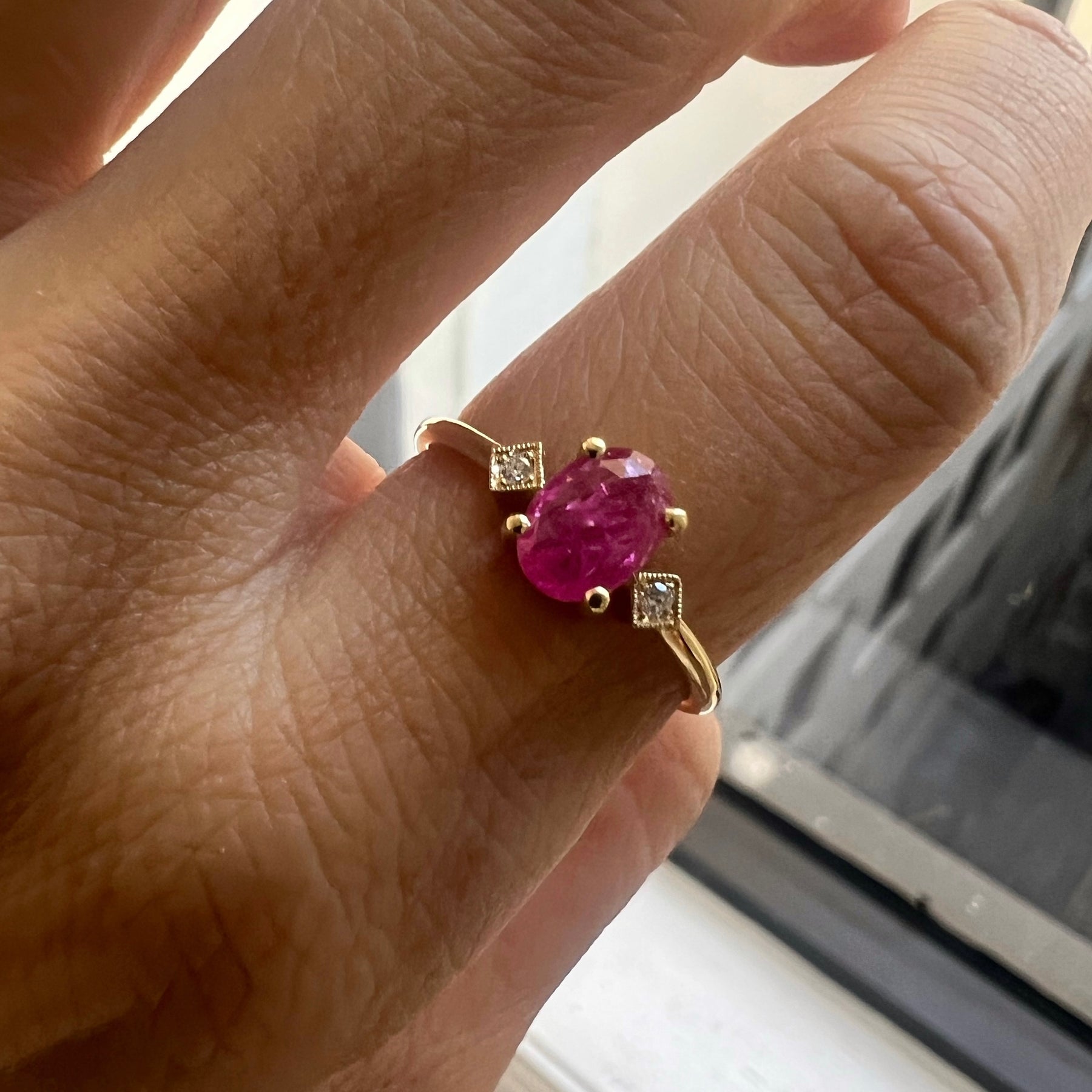 Rose Cut Oval Ruby Square Deco Ring