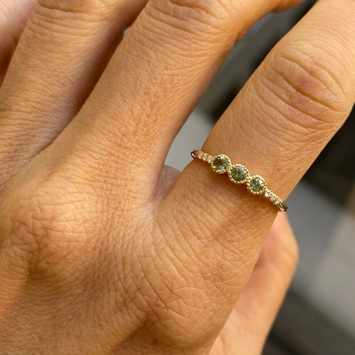 3 Bezel Green Sapphire Equilibrium Ring