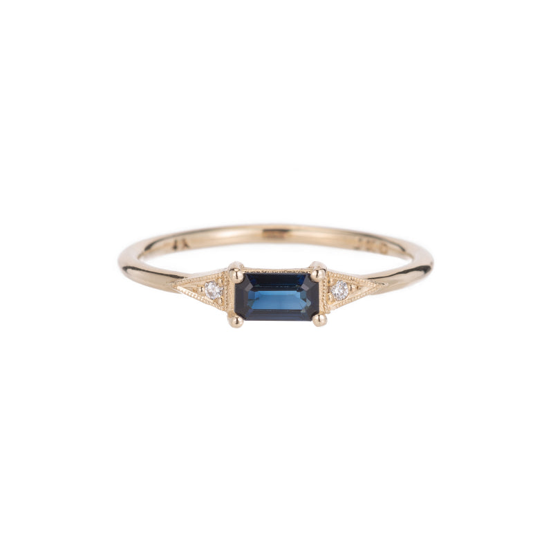 EMERALD CUT BLUE SAPPHIRE DECO RING