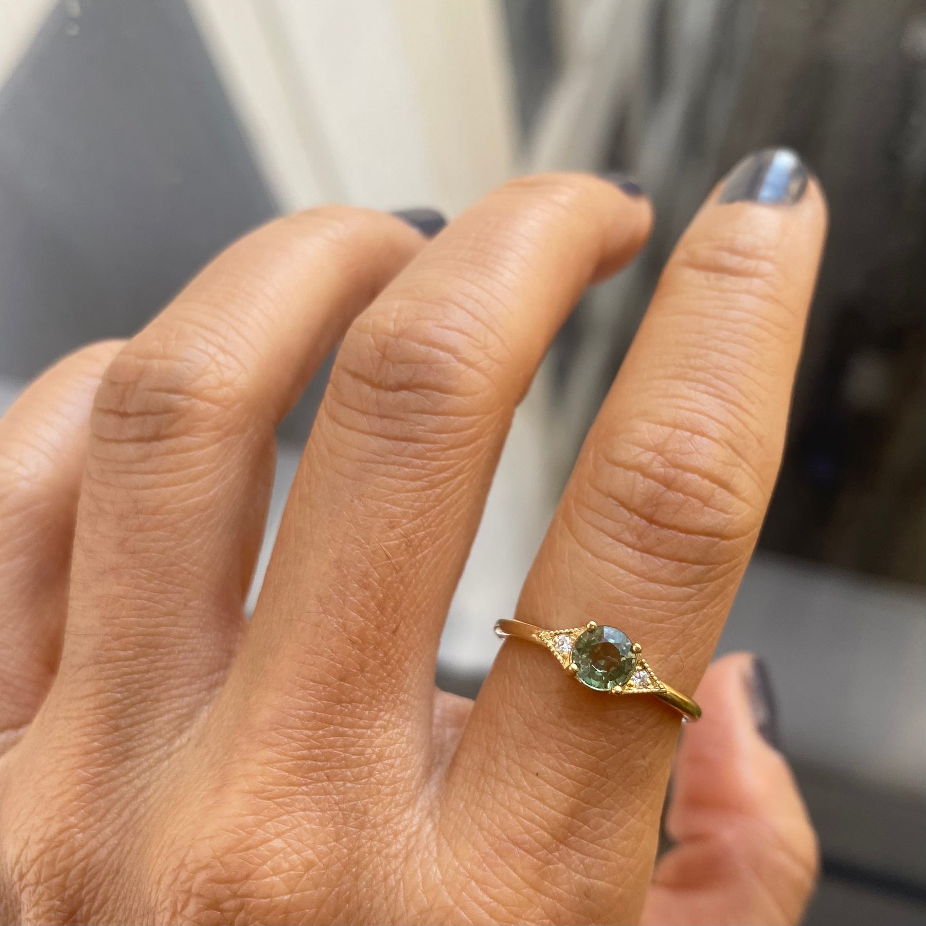 Round Green Sapphire Deco Ring