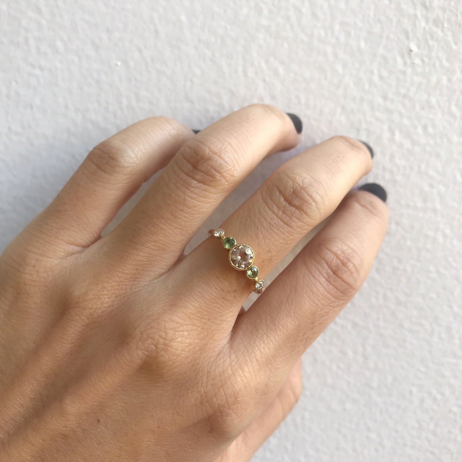 Morganite Green Sapphire Diamond Dew Ring